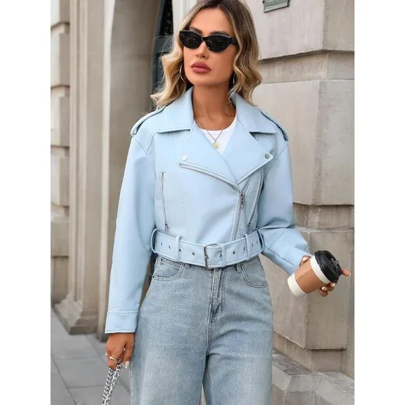 Women's Blue Faux Leather Cropped Jacket Vegan Motor Biker Coat with Belt